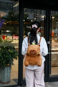 Vista trasera de una persona que lleva una linda mochila de peluche Capybara al aire libre