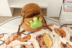 Vista detallada de la mochila de peluche Capybara con juego de manta suave a juego