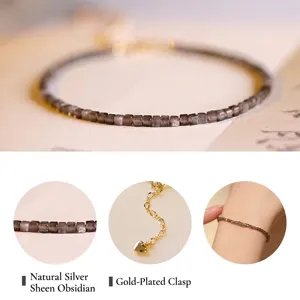 Minimalist 2mm natural silver obsidian bracelet with 14k gold-filled clasp