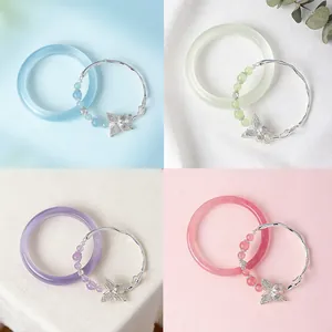 Elegant butterfly charm bracelet and cat-eye stone bangle jewelry set in four colors