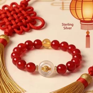 Natural Red Agate Bracelet White Agate Safety Buckle Twelve Zodiac Gold Plated Charms Ethnic Chinese Style Jewelry Gift