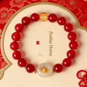 Red agate beaded bracelet with zodiac horse and white agate safety buckle charm