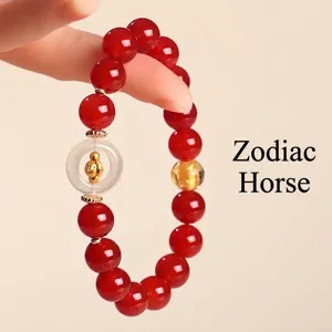 Natural red agate beaded bracelet with white agate peace buckle and gold horse charm