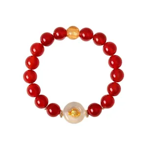 Natural red agate beaded bracelet with white agate zodiac charm for luck and protection