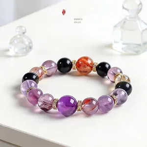 Pulsera de cuentas de piedras naturales con amatista y cuarzo rutilado dorado mujer