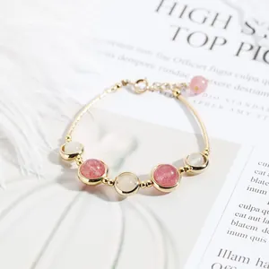 Strawberry Quartz Rose Quartz Beaded Bracelet For Women Gold Filled Adjustable Heart Crystal Stone Bangle Jewelry Gift