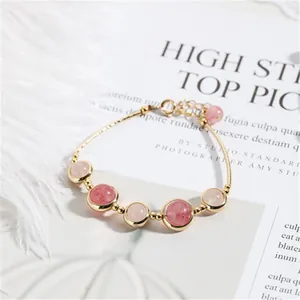 Elegant pink strawberry crystal beaded bracelet with 14k gold filled finish for women