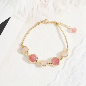 Elegant pink quartz and strawberry quartz beaded bracelet with 14k gold plated chain for women