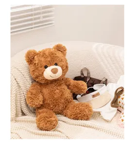 Detail van een schattige bruine teddybeer met witte zonneklep en geruite draagtas