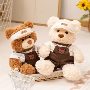Schattige Gevulde Teddybeer Knuffel Met Golf Zonnehoed En Bruine Overall Zachte Dierenpop Decoratie Cadeau Voor Kinderen