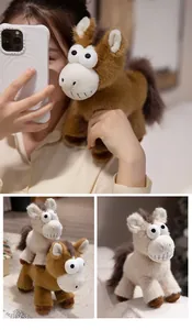 Funny plush horse doll with big eyes and grin, soft animal stuffed toy for room decor.