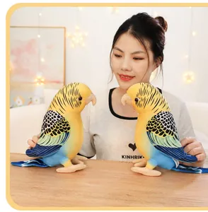 Close-up of realistic yellow and blue budgerigar plush toys held by a model