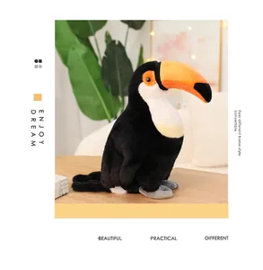 Side view of a realistic toucan plush toy on a wooden table with green leaves background