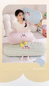 Set of soft striped ice silk long pillows with cute cartoon faces for side sleeping comfort