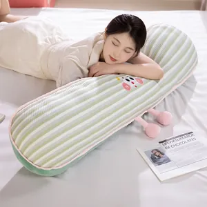 Soft green striped long bolster body pillow for side sleepers on white bed