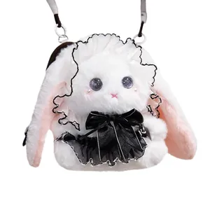 Süße Lolita-Stil weiße Plüschkaninchen-Umhängetasche mit schwarzer Spitze und Schleife.