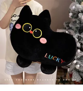 Vue rapprochée d'un coussin en peluche chat noir avec broderie LUCKY colorée