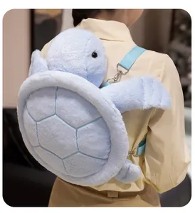 Cute light blue plush turtle backpack worn by a model in a soft lighting scene