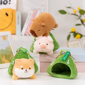 Cute capybara and animal plush toys with green zongzi pouches for Dragon Boat Festival