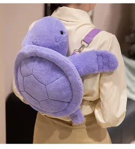 Back view of a cute purple turtle plush backpack with soft fur and adjustable straps.
