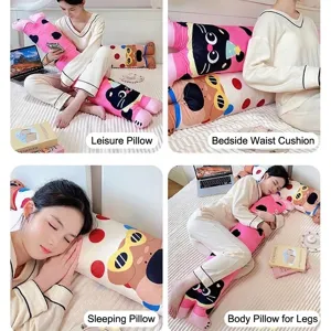 Soft cat-themed long body pillow for side sleeping and lumbar support in dormitory