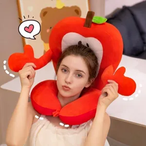 Cute red apple plush U-shaped neck pillow with hood for comfortable travel and office napping