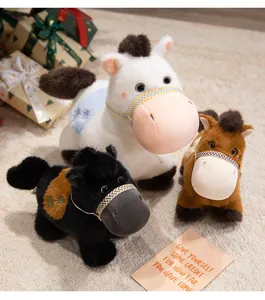 Three cute plush pony toys in white, black, and brown colors presented as gifts