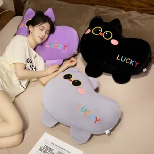 Coussins en peluche chat porte-bonheur en violet noir et gris pour décor de lit