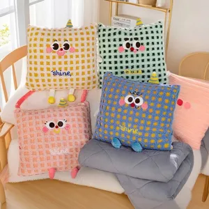 Cute Cartoon Dual Purpose Pillow Blanket Foldable Nap Quilt Checkerboard Plush Travel Cushion For Office Car Home Decor