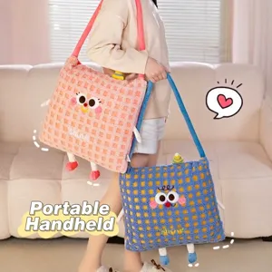 Cute cartoon 2-in-1 plush pillow blanket with portable handle for office and travel