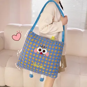 Cute blue checkered cartoon plush shoulder bag with smiley face and feet