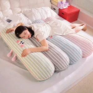 Striped long bolster pillow with cooling silk fabric for comfortable side sleeping