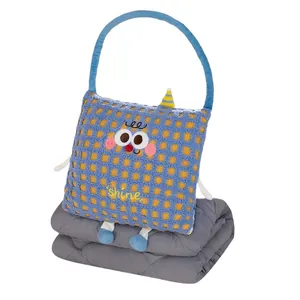Cute 2-in-1 cartoon character pillow with foldable grey blanket for office nap