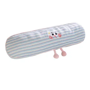 Cute long cylindrical bolster pillow with blue ice silk stripes and cartoon face embroidery