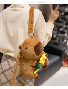 Back view of a cute capybara plush backpack with a soft brown shoulder strap.