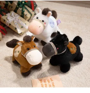Detailed shot of three colorful plush horse toys in a cozy festive gift setting.