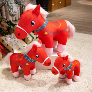 Set of three cute red plush horse toys, soft zodiac mascot stuffed animals for children