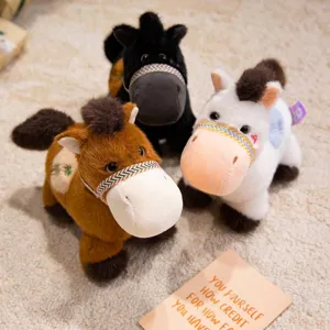 Set of three cute zodiac horse plush toys in brown, black, and white for kids