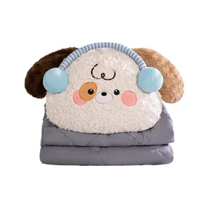 Almohada manta 2 en 1 de peluche perrito con orejeras para coche y oficina