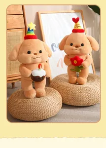 Cute butter poodle plush toys with birthday hat and flower in cozy home setting