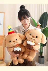 Close-up detail of cute butter poodle plush toys held by a model in a home setting