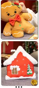 Primo piano di peluche omino pan di zenzero e cuscino a forma di casa natalizia