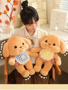 Adorable butter poodle plush toy with a checkered bib held by a model in a warm home setting