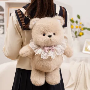 Cute beige plush teddy bear backpack featuring a white lace collar and pink bow for girls