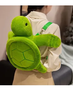 Back view of a model wearing a cute green plush turtle backpack with adjustable straps.