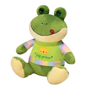 Adorable green frog prince plush toy with crown embroidery and colorful stripes shirt