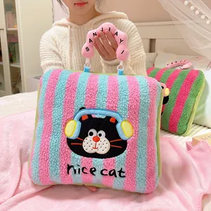 Manta almohada de felpa plegable 2 en 1 con lindo diseño de gato de dibujos animados para oficina