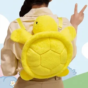Cute yellow turtle plush backpack with adjustable straps on model back