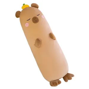 Cute brown long cylindrical capybara plush pillow for sleeping and hugging comfort