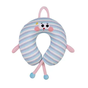 Almohada de viaje en forma de U con rayas azules y blancas y asa rosa de dibujo